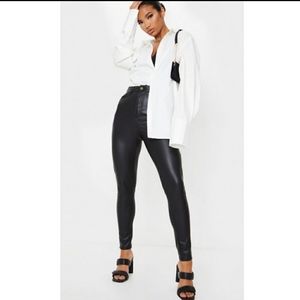 prettylittlething faux leather skinny button pant